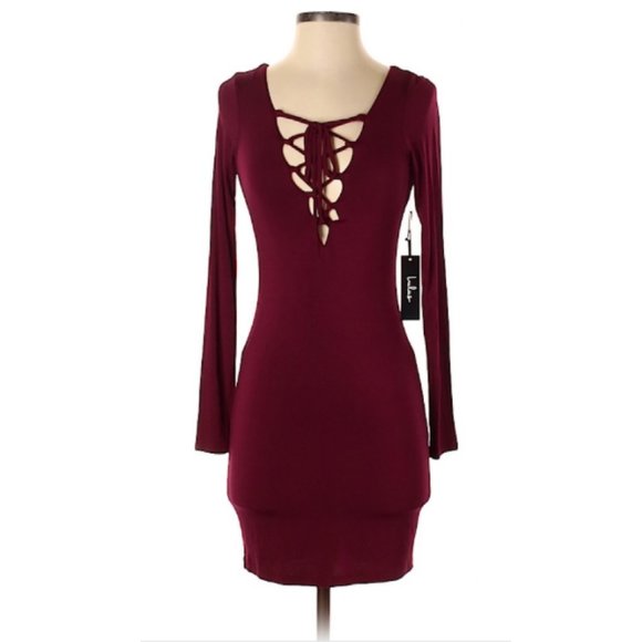 Lulu's Lace Up Dress Burgundy Long Sleeve Sz Small - Picture 2 of 4